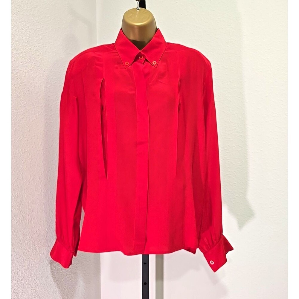 Vintage 90's Silk Blouse Size 6 Red Tailored Office Sophisticated Career Cassant